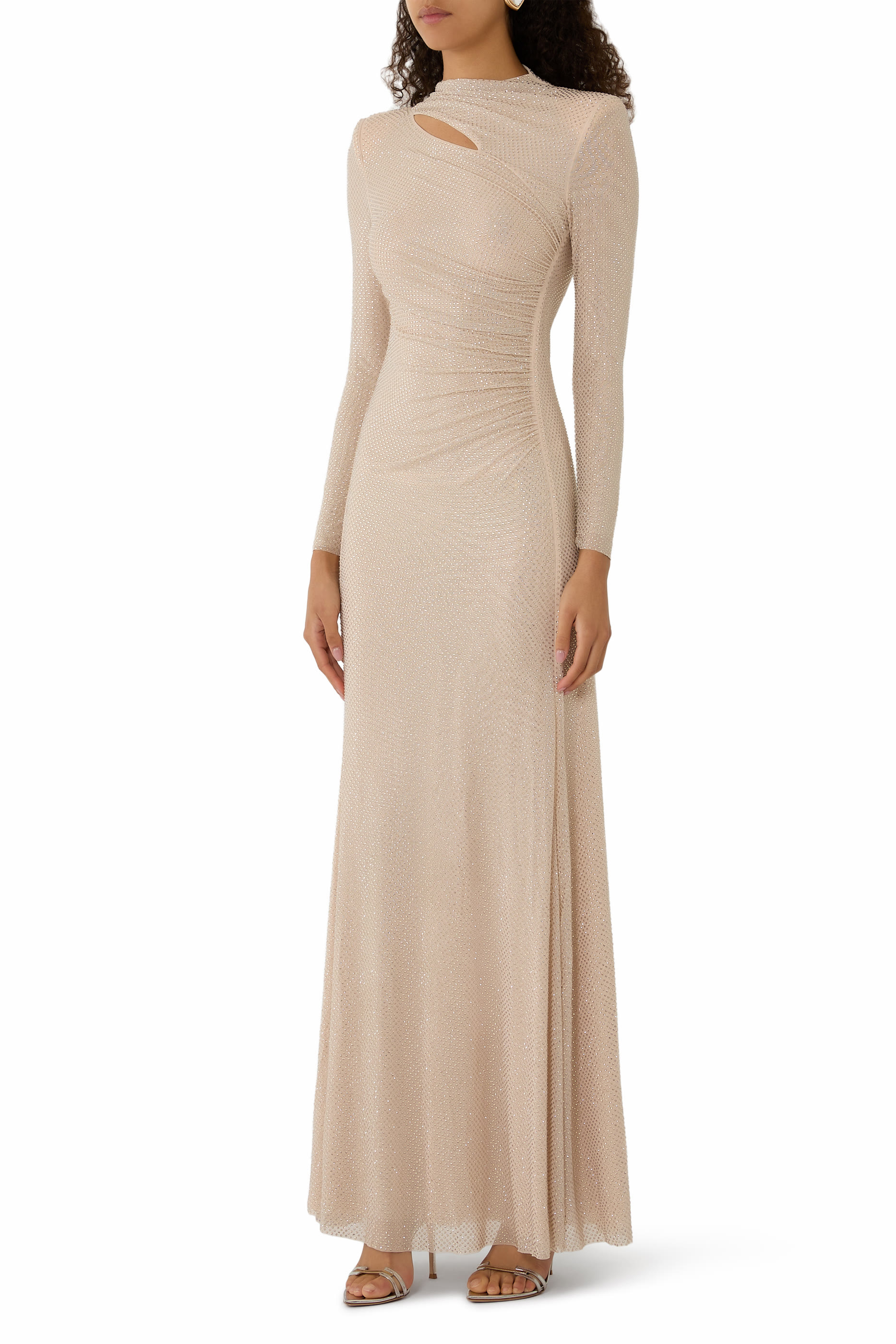 فستان طويل بفتحات مزين بأحجار الراين قماش شبكي